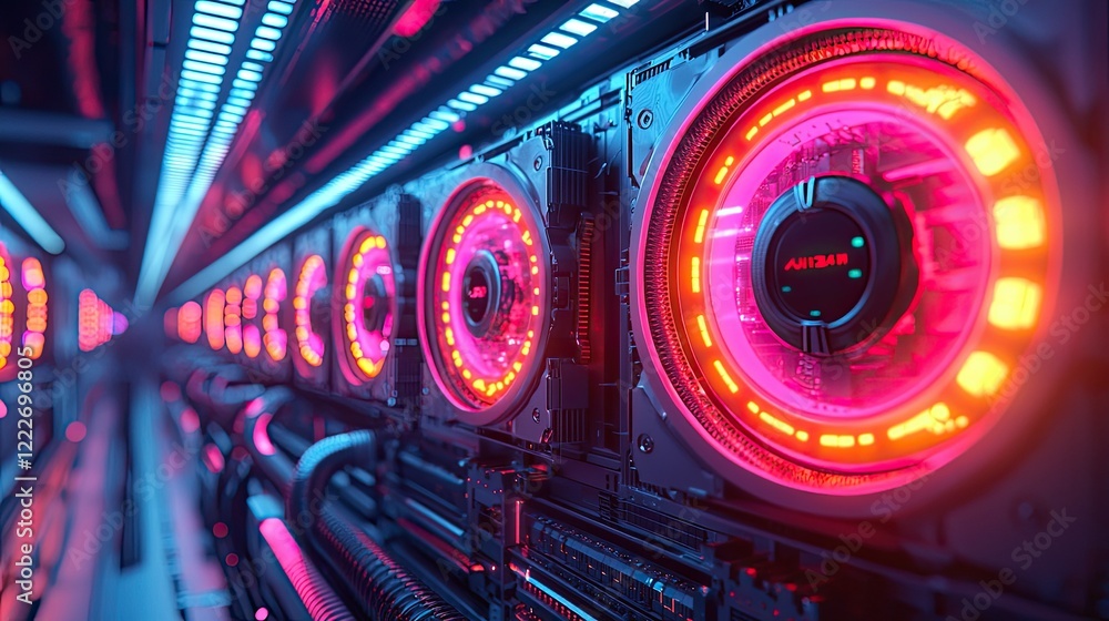 Poster illuminated computer hardware array in a futuristic setting