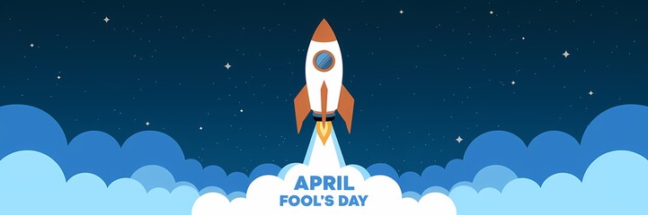 Fototapeta premium A minimalist April Fool's Day poster with a space theme. There's a rocket with the text 