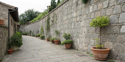 Gray stone wall with scattered potted plants, outdoor decor, neutral tones, minimalist design, garden