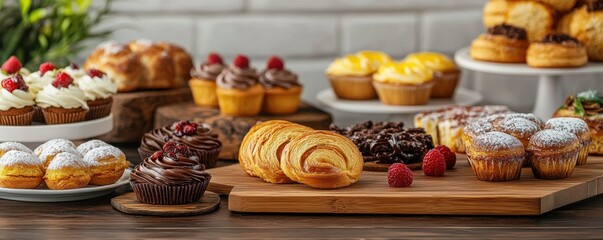 Assorted bakery pastries with croissants, muffins, and desserts displayed on wooden table
