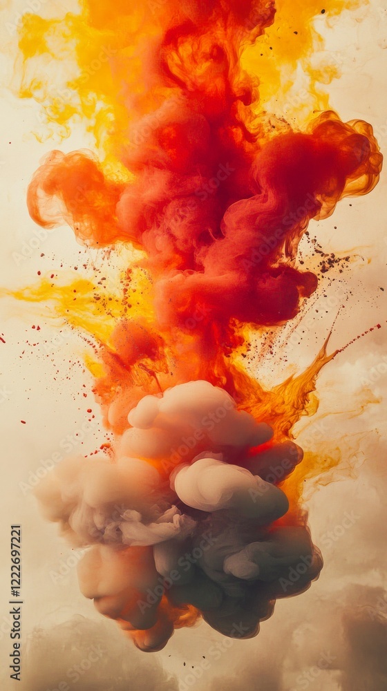 Poster dynamic flame waves exploding outward, vivid reds and yellows engulfing the scene, creating an abstr