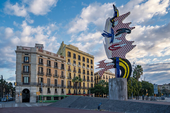 Barcelona, Spain - January 16, 2025 : El Cap de Barcelona is a surrealist sculpture created by American Pop artist Roy Lichtenstein for the 1992 Summer Olympics. 