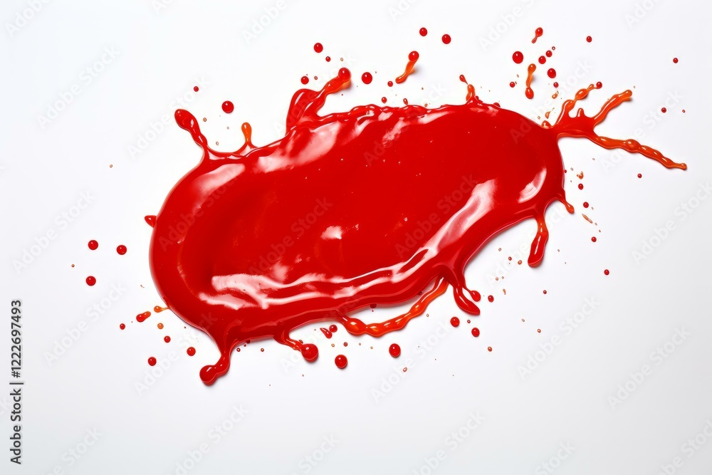 Poster vibrant red paint splatters dynamically against a clean white backdrop, forming an intriguing abstra