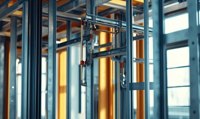 Homebuilding concept. detailed view of building frame with exposed electrical work and pipes, showcasing industrial