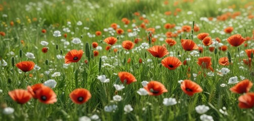 Fototapeta premium Green wheat stalks with delicate white flowers and vibrant poppies blooming in a sunny meadow, rural landscape, countryside scenery, poppy fields