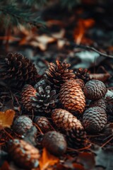 A close-up of acorns and pinecones on a forest floor