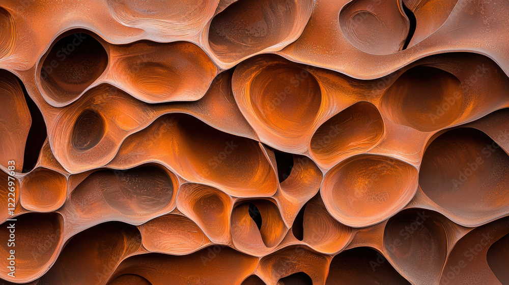 Poster representations of rust concept, intricate patterns of orange and brown textures resembling natural 