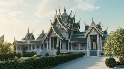 Fototapeta premium Majestic Ancient Thai Fortress Overlooking Lush Orchard - Cinematic Ultra-Detailed Image of Local Heritage