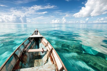 Obraz premium A single boat floating in the middle of a vast, calm ocean, with no land in sight and the horizon blending seamlessly into the sky