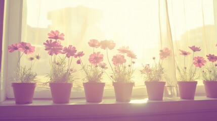 Sunlit cosmos flowers in terracotta pots on windowsill