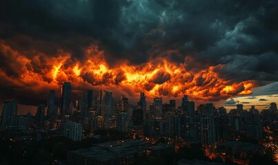 Fiery clouds loom over dark metropolis skyline, creating infernal scene