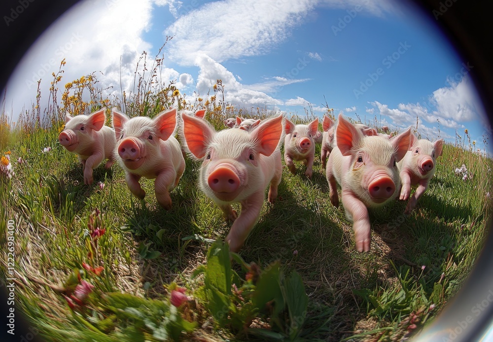 Poster a group of playful piglets running towards the camera across a green meadow with bright blue skies a
