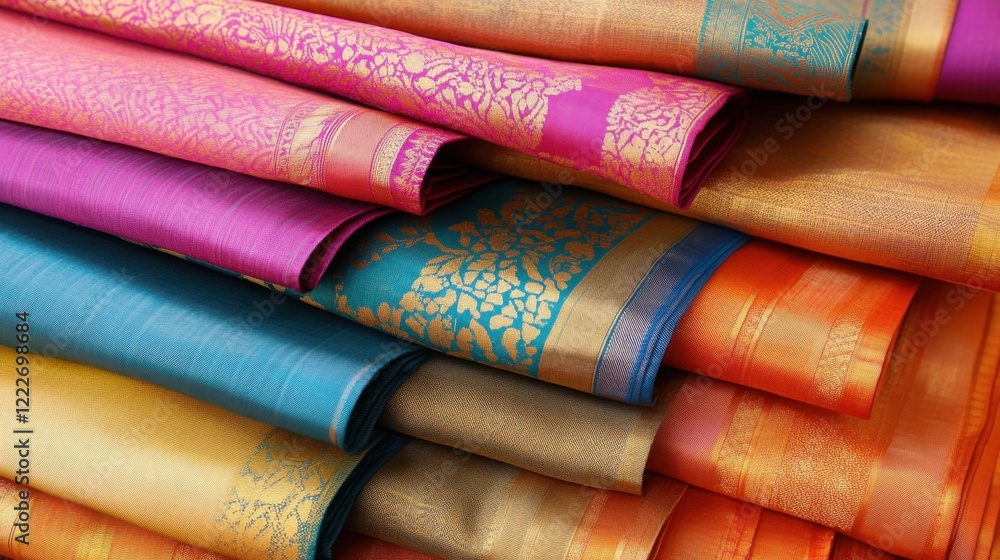Poster vibrant textiles with intricate patterns and rich colors in fabric