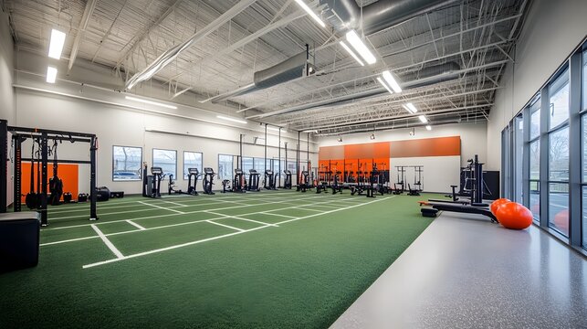 Modern gym interior, spacious training area with green turf, high ceilings, and bright lighting, ideal for fitness activities.