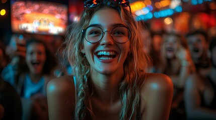 A group of friends reacts with excitement and awe while watching an intense game or a thrilling event on a screen