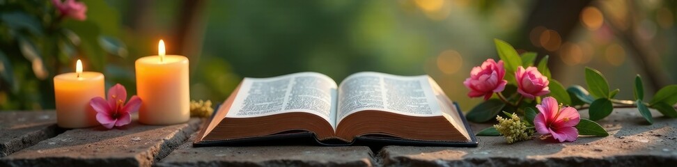 Obraz premium An open Bible on a stone table with candles and flowers nearby, landscape, bible