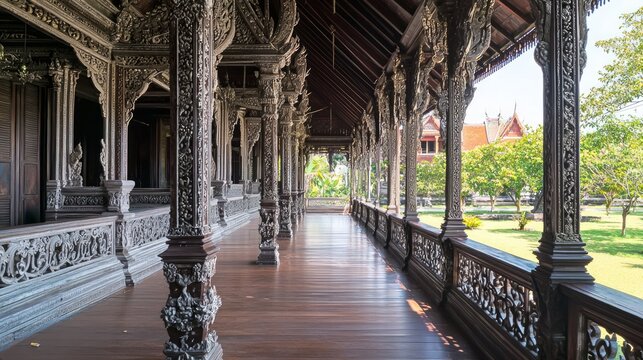 Majestic Teak Mansion Veranda with Ornate Bargeboards Overlooking Lush Orchard - Ultra-Detailed Thai Architecture Cinematic Image