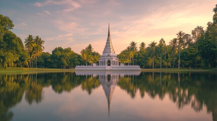 Obraz premium Tranquil Island Stupa: Orchards Reflecting in Calm Waters at Dusk - Ultra-Detailed Cinematic Image of Thai Architecture
