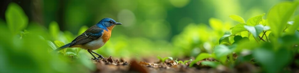 Obraz premium Bluethroat peeking from beneath leafy undergrowth, wildlife, camouflage, habitat