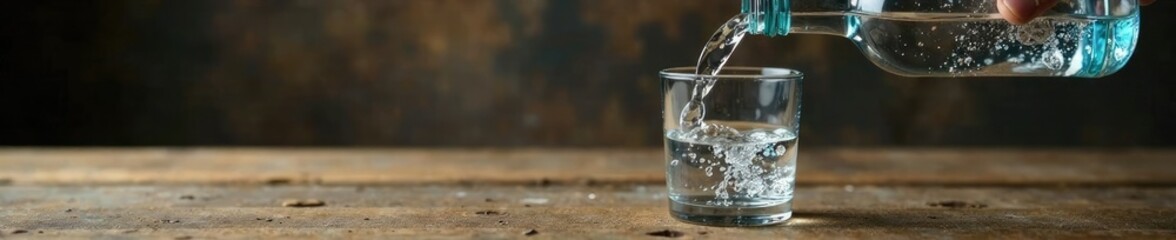 Bottle's spout releases water into the glass on a wooden surface, pouring, bottle, glass