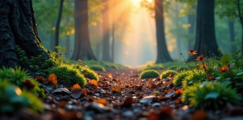 Fototapeta premium Bokeh bursts in a kaleidoscope of colors on a misty forest floor, forest, earthy