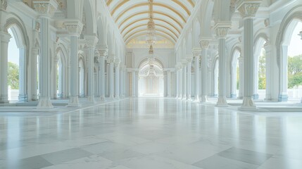 Fototapeta premium Majestic Grand Assembly Hall: Ultra-Detailed Thai Architecture with Polished Marble Floor and Carved Corbels, Cinematic View of Orchard Through Archways