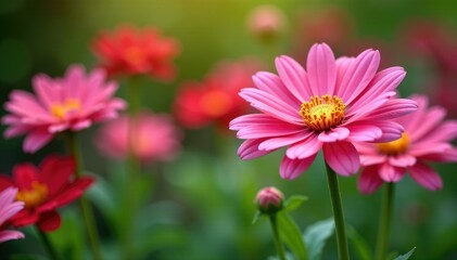 Obraz premium Colorful pink chrysanthemum blooms in a garden, flowers, colorful