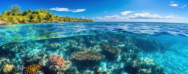 Vibrant coral reef and clear blue ocean under sunny sky