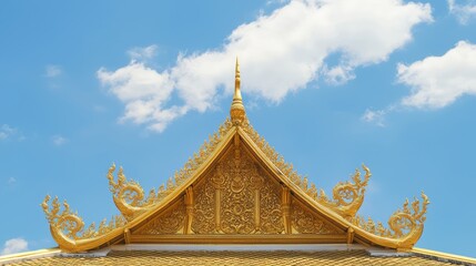 Fototapeta premium Ornate Thai Roof Apex Detail with Golden Flourish Against Bright Sky - Ultra-Detailed Cinematic Image of Traditional Architecture