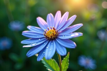Obraz premium Delicate blue aster flower petals unfolding in the morning dew, , summer, garden
