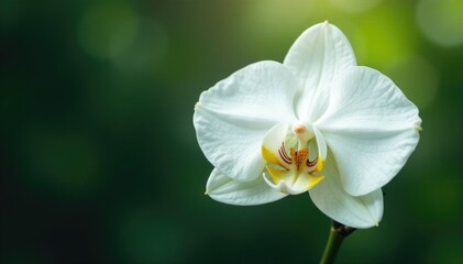 Delicate white petals unfolding from a dark green stem, white orchid, serene, bloom