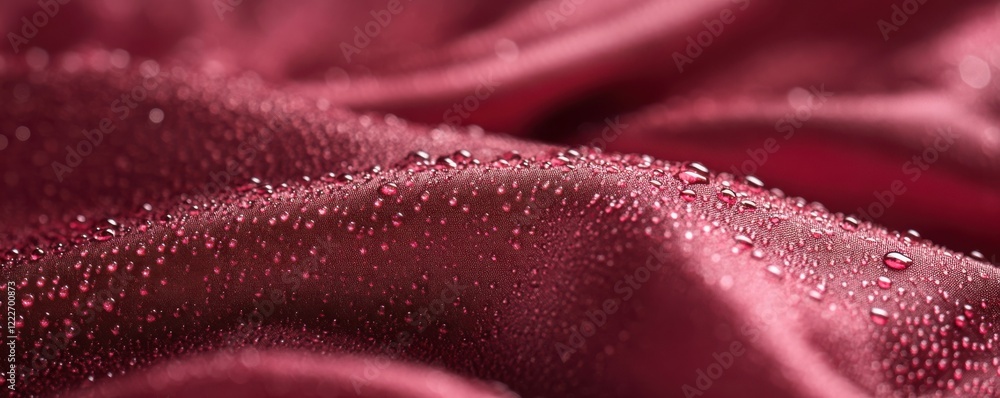 Poster close-up of red satin fabric with water droplets creating texture