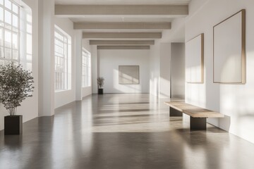 Obraz premium Sunlit gallery hallway, minimalist design, artwork, bench, peaceful