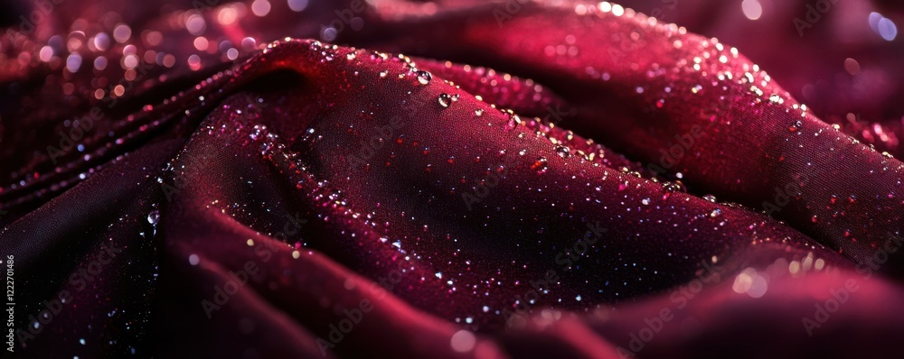 Poster luxurious red satin fabric with sparkling water drops in macro view