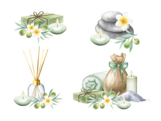Olive aleppo soap, candles, sack with sea salt, terrycloth towel, olives, stack pebbles, aroma diffuser and plumeria flowers. Hand drawn watercolor isolated set compositions of eco cosmetics for spa.