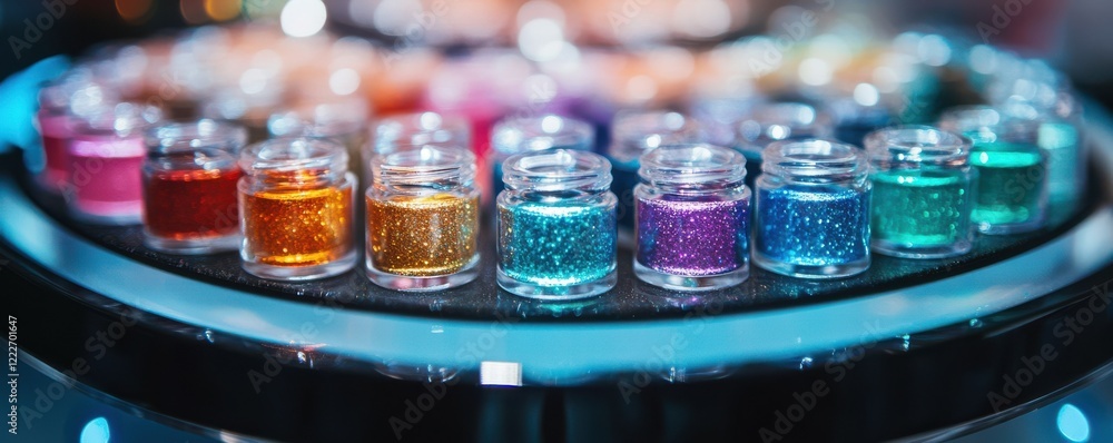 Poster colorful array of glitter jars on a rotating display
