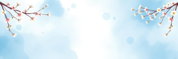 Gentle watercolor blue spots against a soothing background featuring curved branches with delicate flowers in the corners, natural textures, soft colors, peaceful ambiance