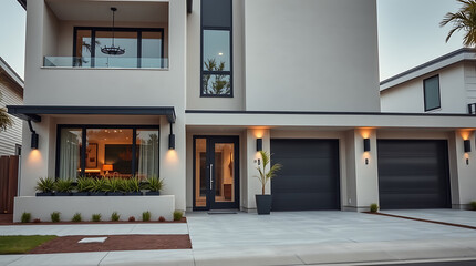 Obraz premium Luxury Modern Home Exterior at Night. Contemporary architecture, elegant design, and stunning facade. Perfect for real estate listings and architectural showcases.