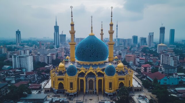 Aerial View of the Abuja National Mosque Surrounded by Cityscape in Cloudy Day, Nigeria