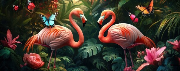 Vibrant flamingos and butterflies amidst lush tropical foliage