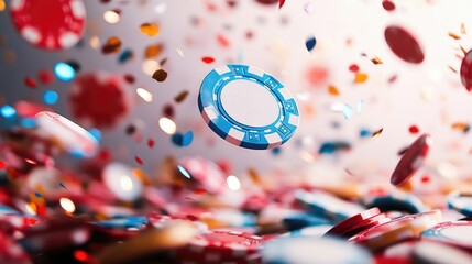 Obraz premium Chips flying through the air at a vibrant casino during an exciting night of gaming and chance