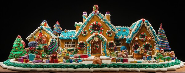 Obraz premium Colorful gingerbread house with christmas decorations and candy cane details