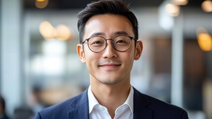 Fototapeta premium Professional man in glasses smiles confidently in a modern office setting during daytime