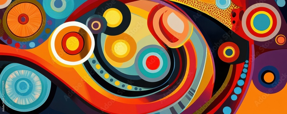 Poster vibrant abstract art featuring multicolored circular patterns and bold geometric shapes