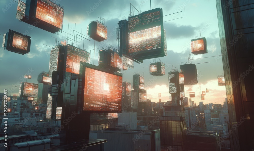 Poster image of screens and data processing over cityscape