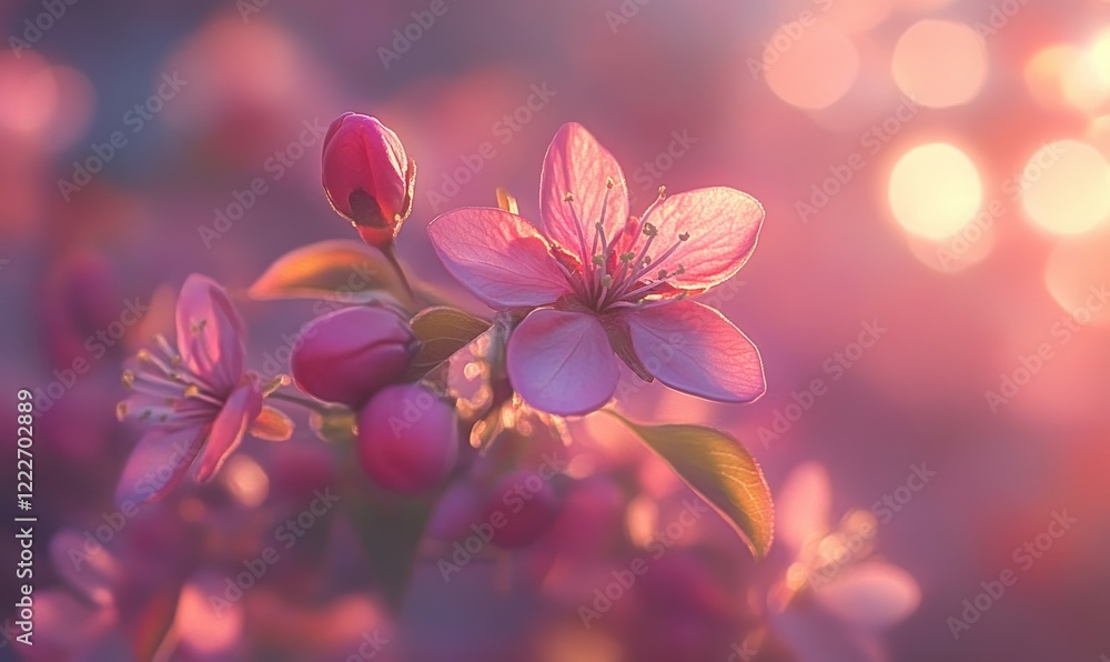 Poster flowering spring cherry tree close-up and light bokeh