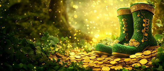 Naklejka premium Saint Patrick's Day card, background.St. Patrick's Day with leaf clover frame. A cheerful banner with leprechaun boots, gold coins, and festive patterns. 