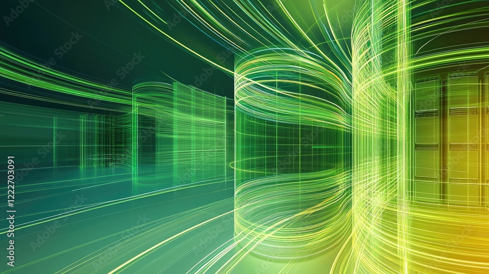 Poster eco-friendly technology idea. dynamic abstract image with vibrant green and yellow lines creating a 