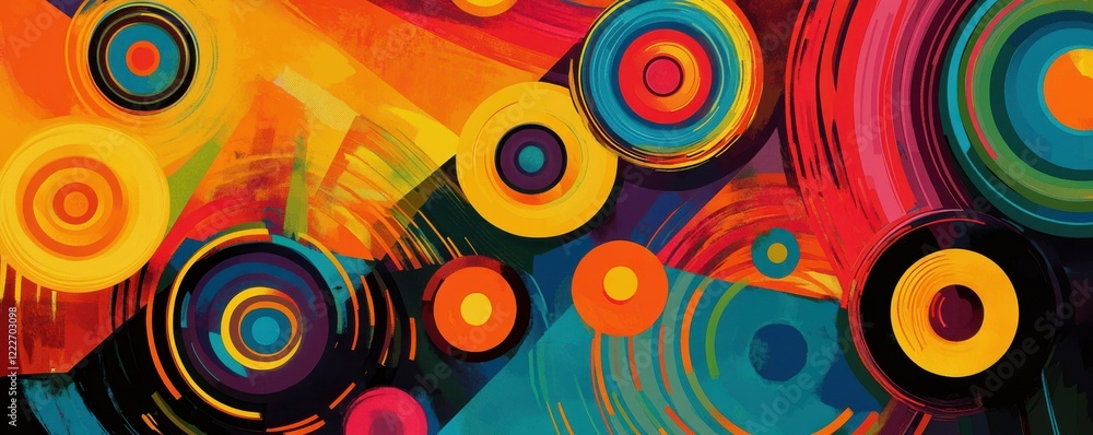 Poster vibrant abstract circular patterns in multicolor geometric design