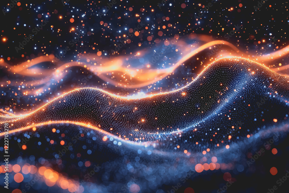 Poster abstract background featuring glowing particles and stars creating a cosmic atmosphere with a sense 